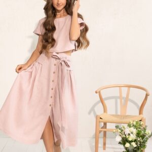 Taormina Pale Pink Linen Crop Top and Midi Skirt Co Ord Set